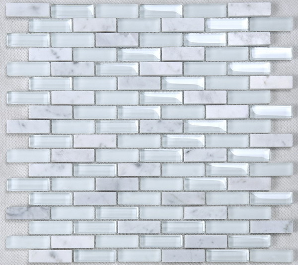 White glass mixed white marble stone strip decorated glass mosaic tile peel and stick backsplash