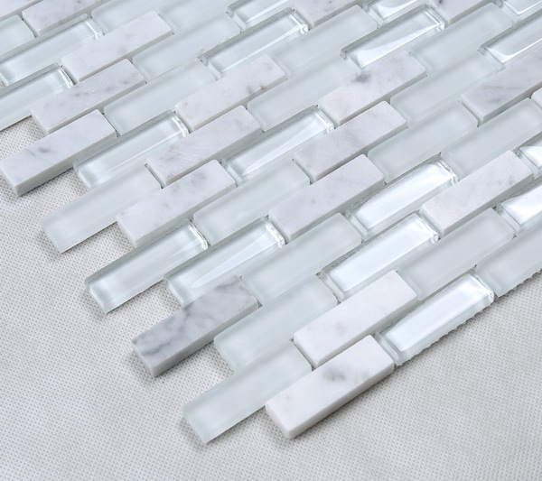 White glass mixed white marble stone strip decorated glass mosaic tile peel and stick backsplash