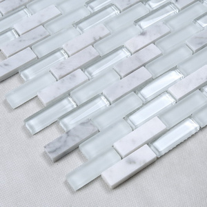 White glass mixed white marble stone strip decorated glass mosaic tile peel and stick backsplash