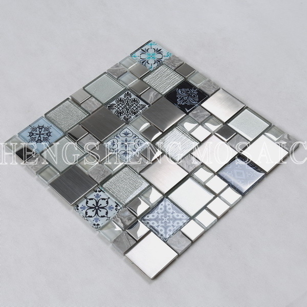 New Square 3D Printing Tile Glass Mix Metal Marble Mosaic Tiles for Kitchen Backsplash