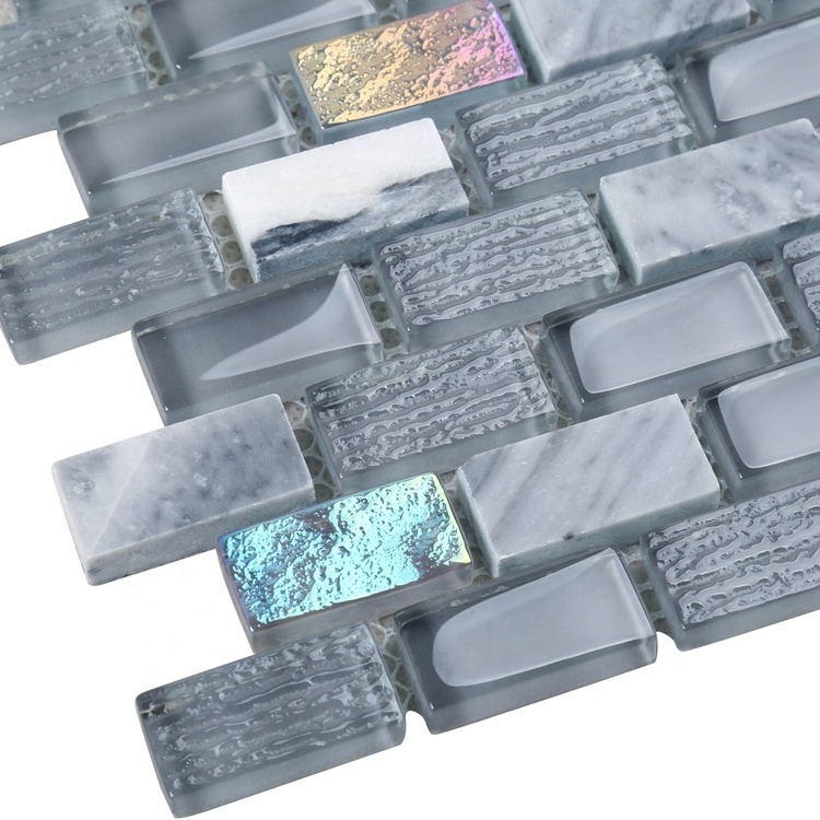 Iridescent Grey Marble Stone Mix Glass Mosaic Kitchen Backsplash Tiles for Wall Decoration