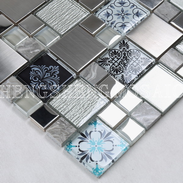 New Square 3D Printing Tile Glass Mix Metal Marble Mosaic Tiles for Kitchen Backsplash