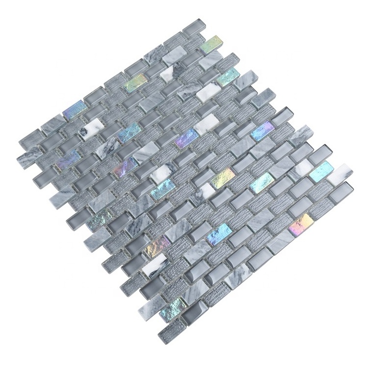 Iridescent Grey Marble Stone Mix Glass Mosaic Kitchen Backsplash Tiles for Wall Decoration