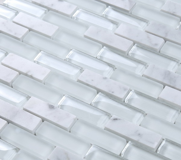 White glass mixed white marble stone strip decorated glass mosaic tile peel and stick backsplash