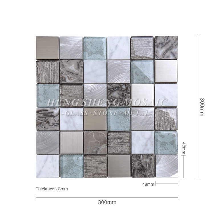 Latest Design Aluminum Metal Mixed Marble Glass Mosaic Tile For Kitchen Backsplash Walls