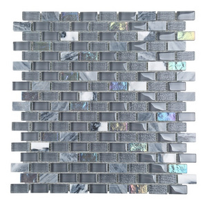 Iridescent Grey Marble Stone Mix Glass Mosaic Kitchen Backsplash Tiles for Wall Decoration