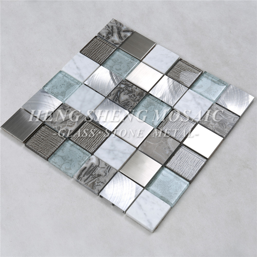 Latest Design Aluminum Metal Mixed Marble Glass Mosaic Tile For Kitchen Backsplash Walls