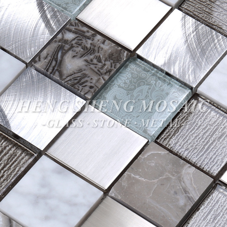 Latest Design Aluminum Metal Mixed Marble Glass Mosaic Tile For Kitchen Backsplash Walls