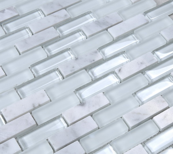 White glass mixed white marble stone strip decorated glass mosaic tile peel and stick backsplash