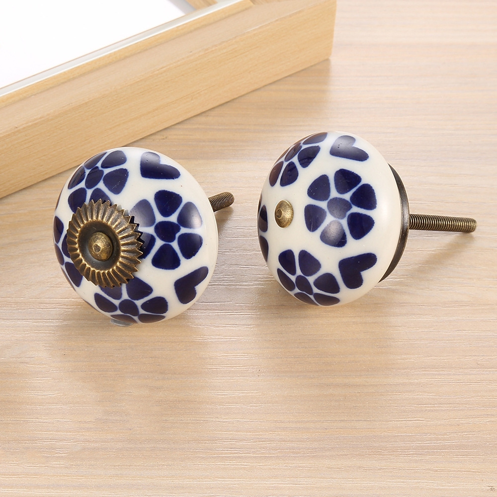 Vintage Blue Ceramic Knobs for Cabinets with Antique Metal Backplates