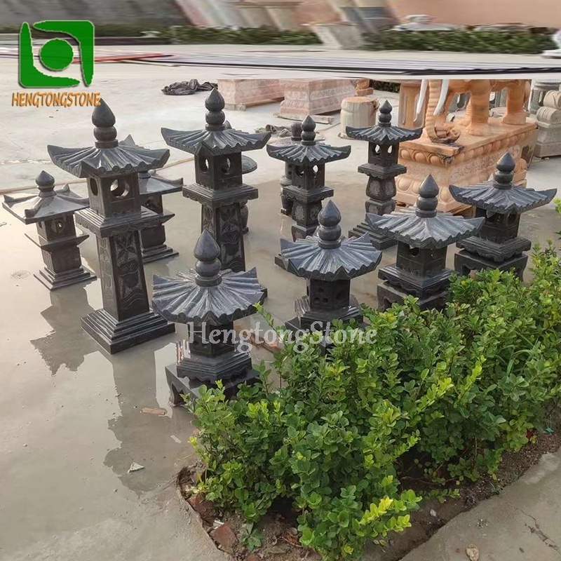 Asian Style Hand Carved Outdoor Decorative Black Marble Lantern Sculpture Marble Lighthouse