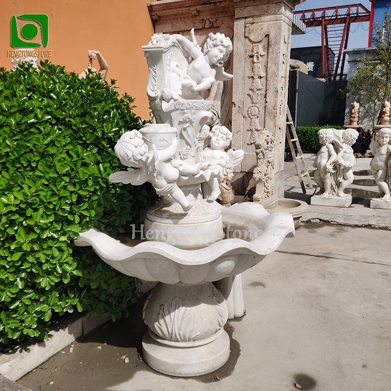 Outdoor Water Feature Decoration Hand Carved White Marble Little Angel Statue Water Fountain