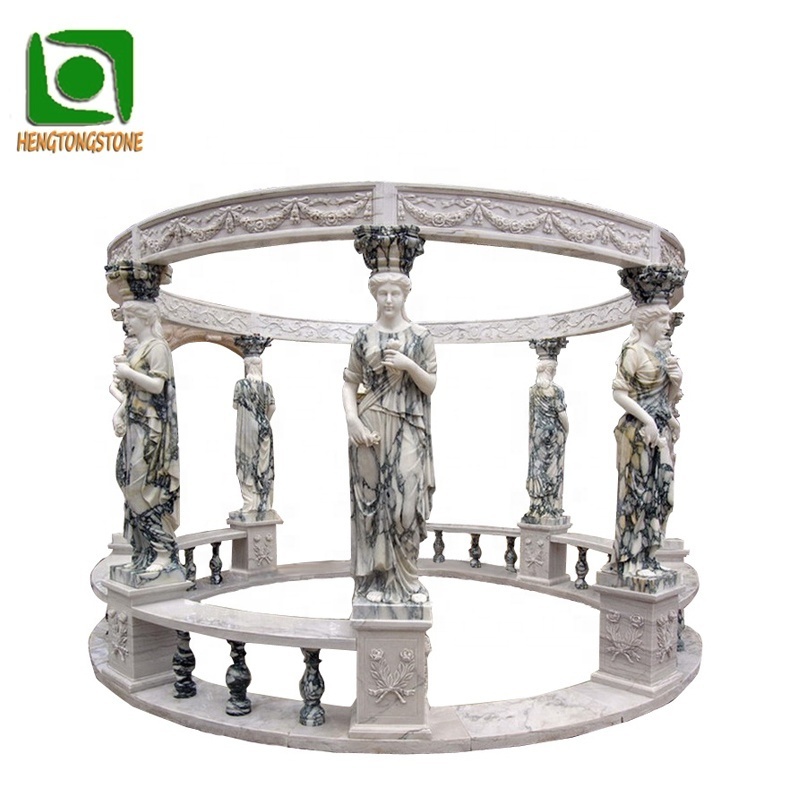 Garden Wedding Decorative Round White Marble Gazebo With Black Iron Roof