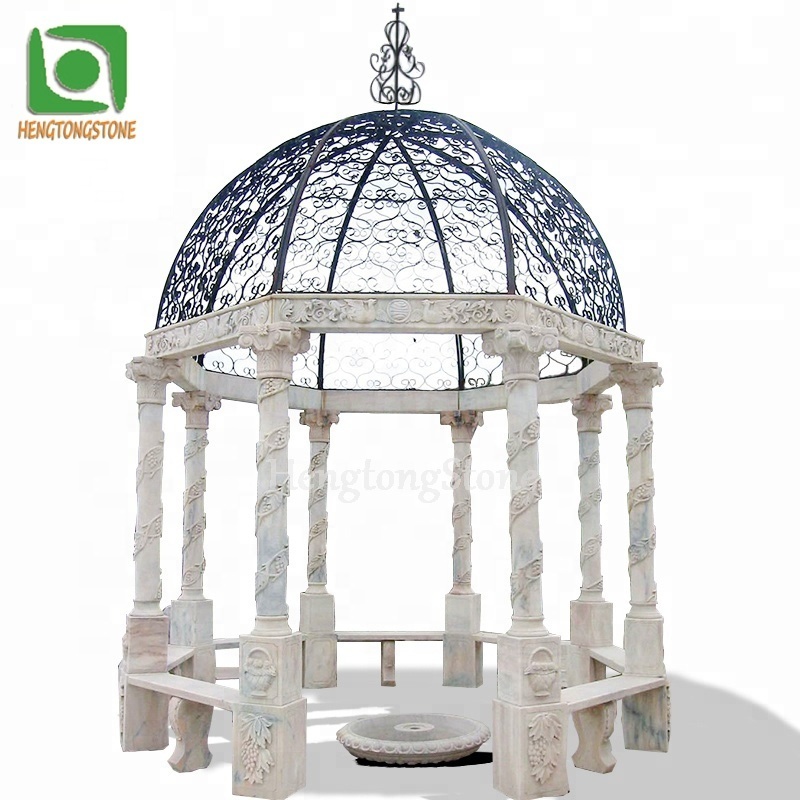 Garden Wedding Decorative Round White Marble Gazebo With Black Iron Roof