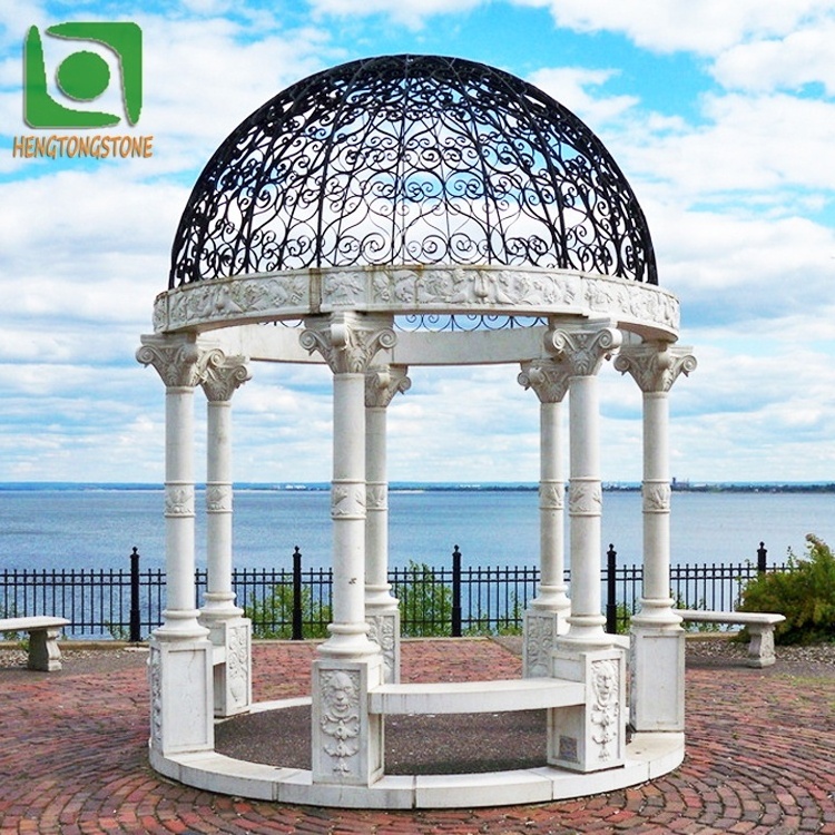 Garden Wedding Decorative Round White Marble Gazebo With Black Iron Roof