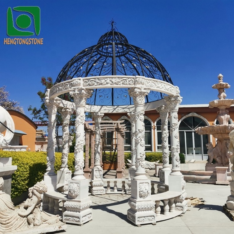 Garden Wedding Decorative Round White Marble Gazebo With Black Iron Roof