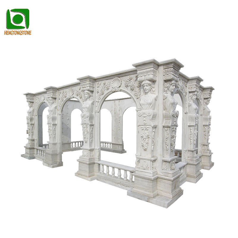 Outdoor Garden Decoration Round Luxury Flower Column Carved White Marble Gazebo