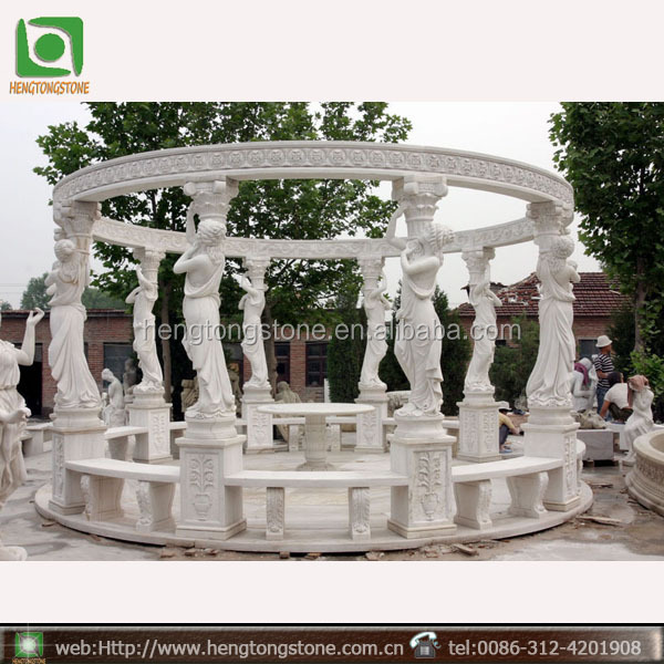 Western Style White Marble Figures Carved Pillar Gazebo