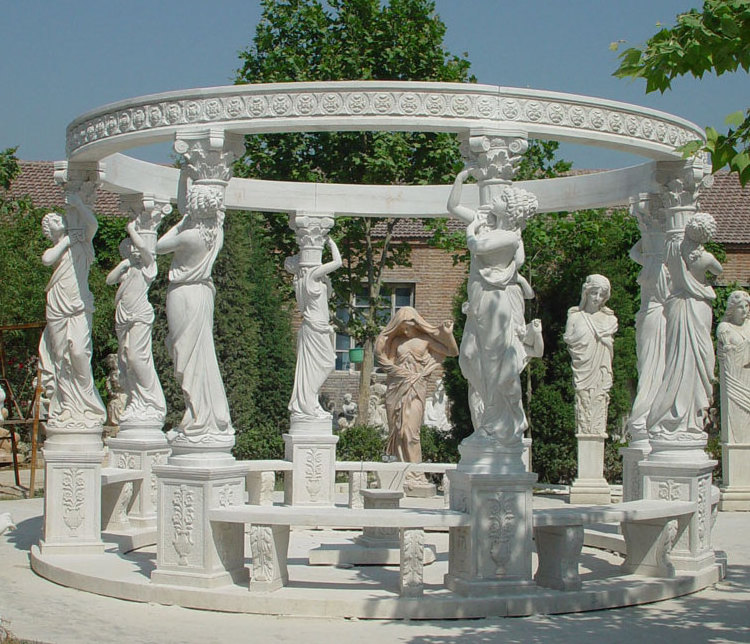 Western Style White Marble Figures Carved Pillar Gazebo