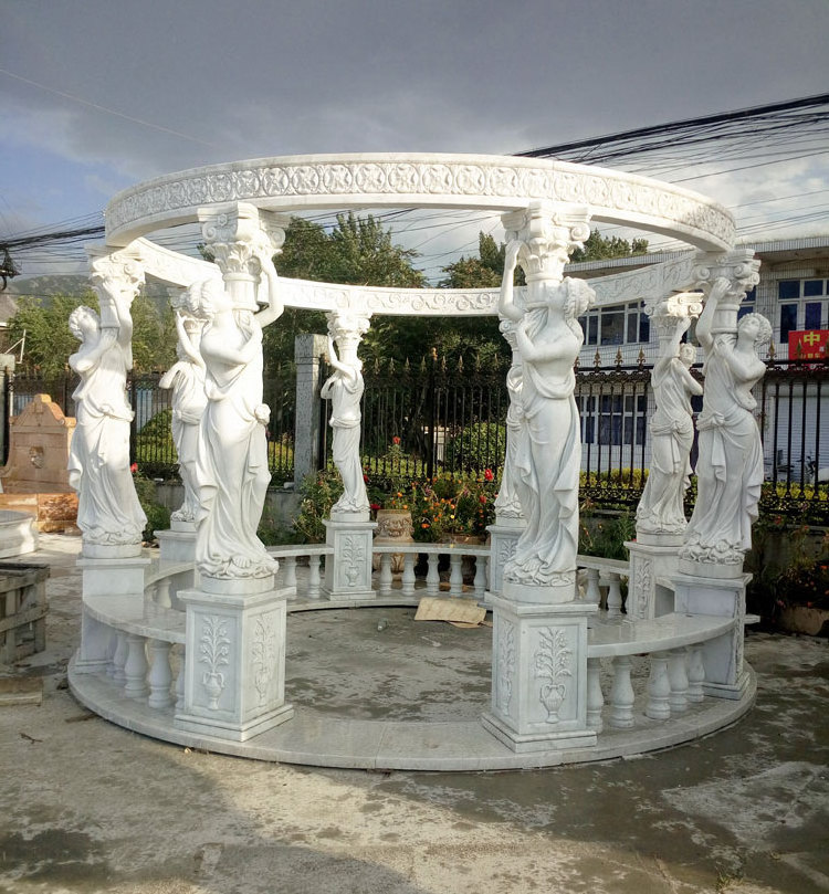 Western Style White Marble Figures Carved Pillar Gazebo