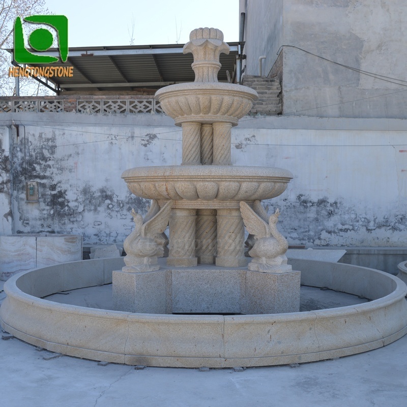 Outdoor Garden Decoration Natural Beige Marble Column and Goose Statue Carved Water Fountain