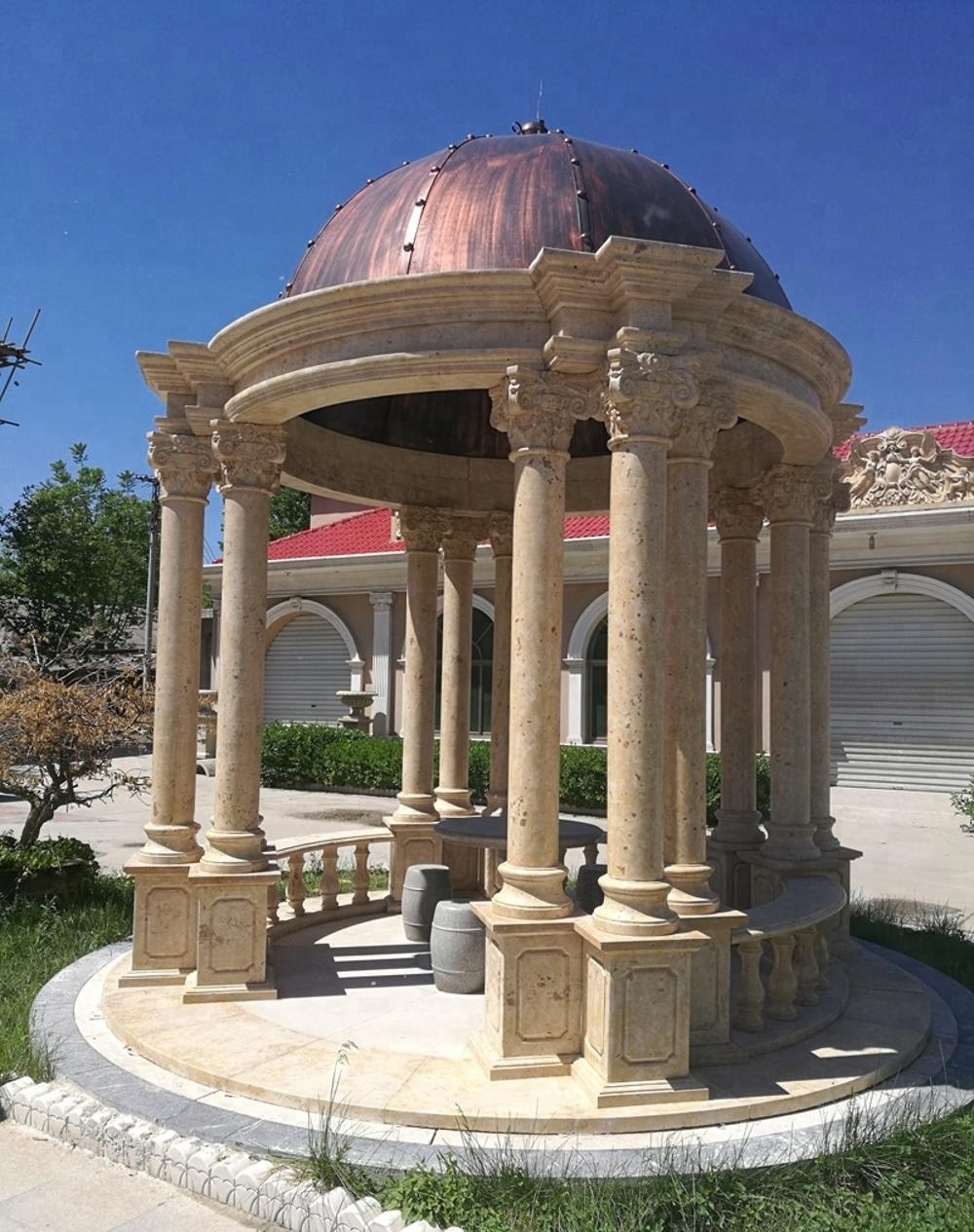 Villa Outdoor Decorative European Style Beige Limestone Carving Gazebo with Roman Columns