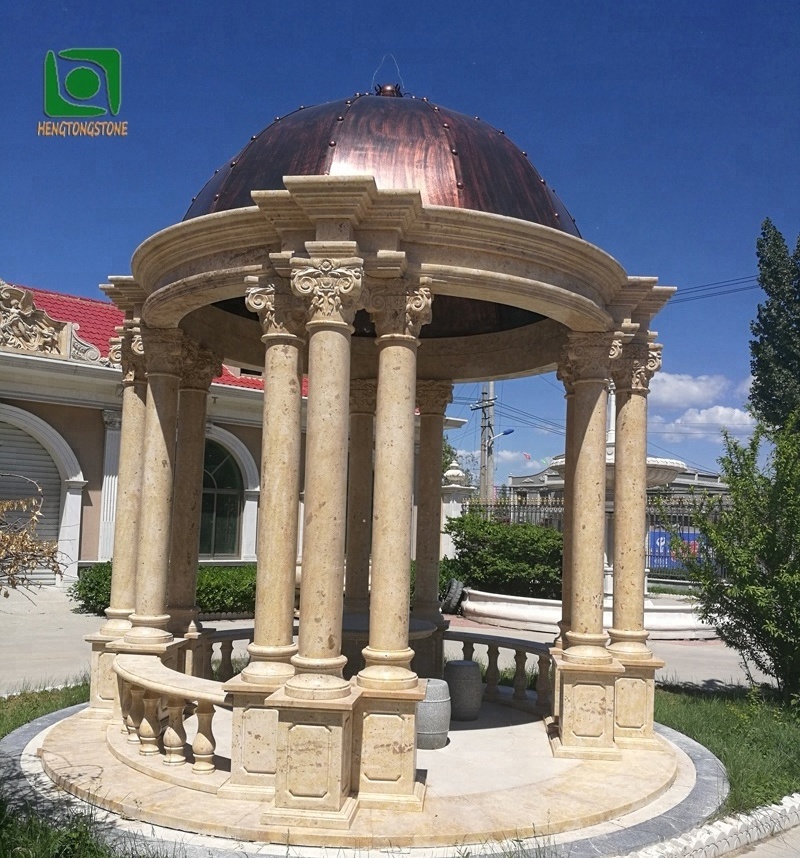 Villa Outdoor Decorative European Style Beige Limestone Carving Gazebo with Roman Columns