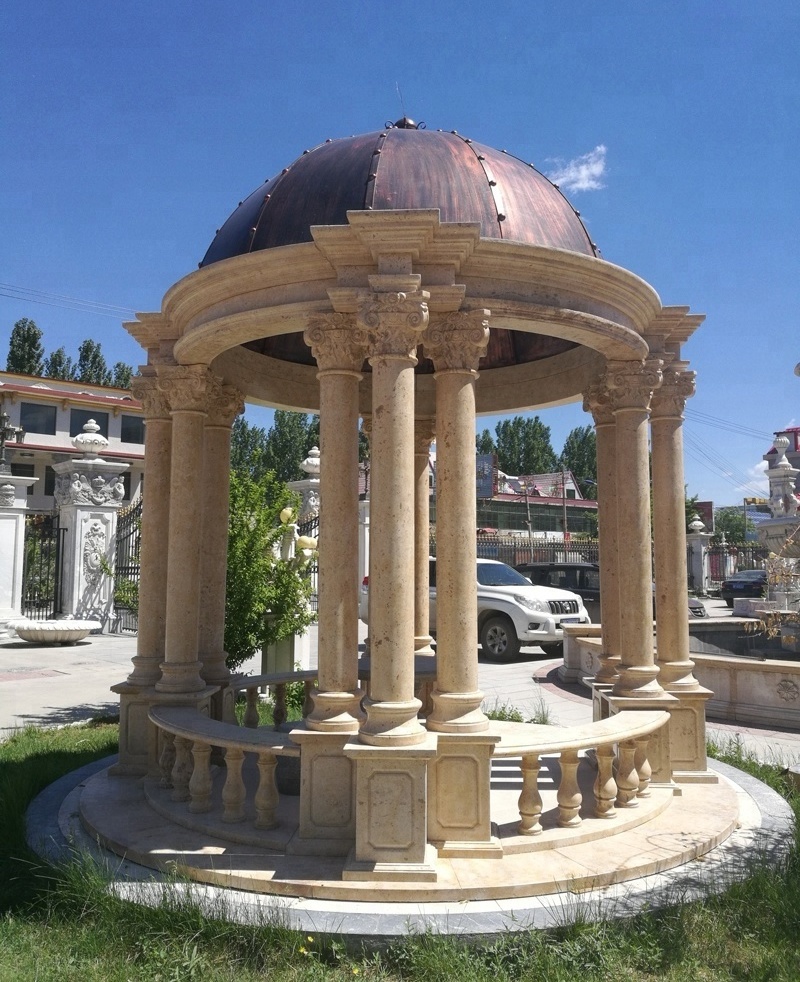 Villa Outdoor Decorative European Style Beige Limestone Carving Gazebo with Roman Columns