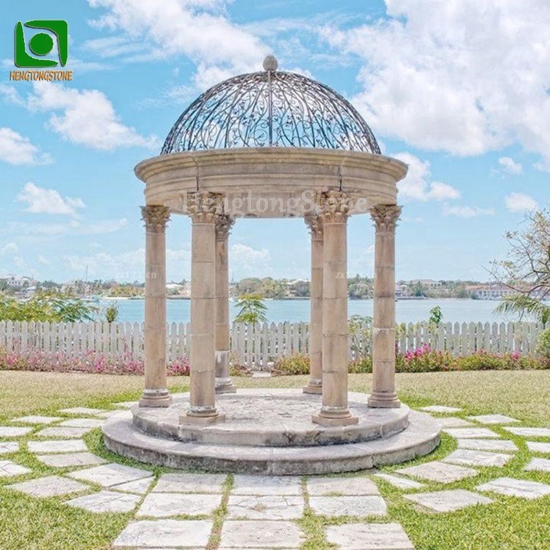 Outdoor Decorative White Marble Gazebo with 6 Columns and Wrought Iron Dome