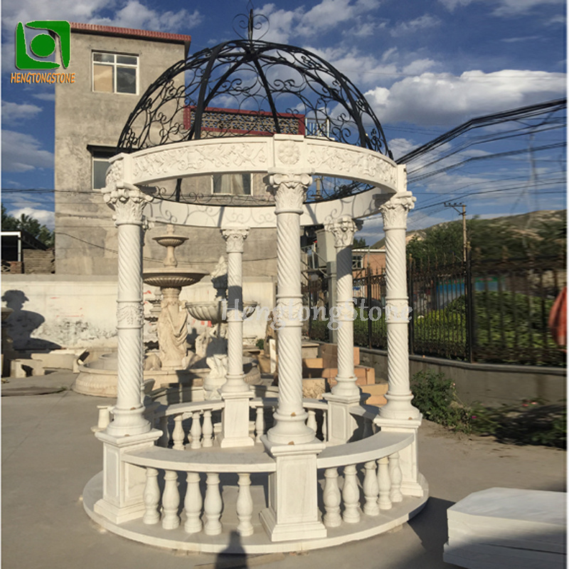 Outdoor Decorative White Marble Gazebo with 6 Columns and Wrought Iron Dome