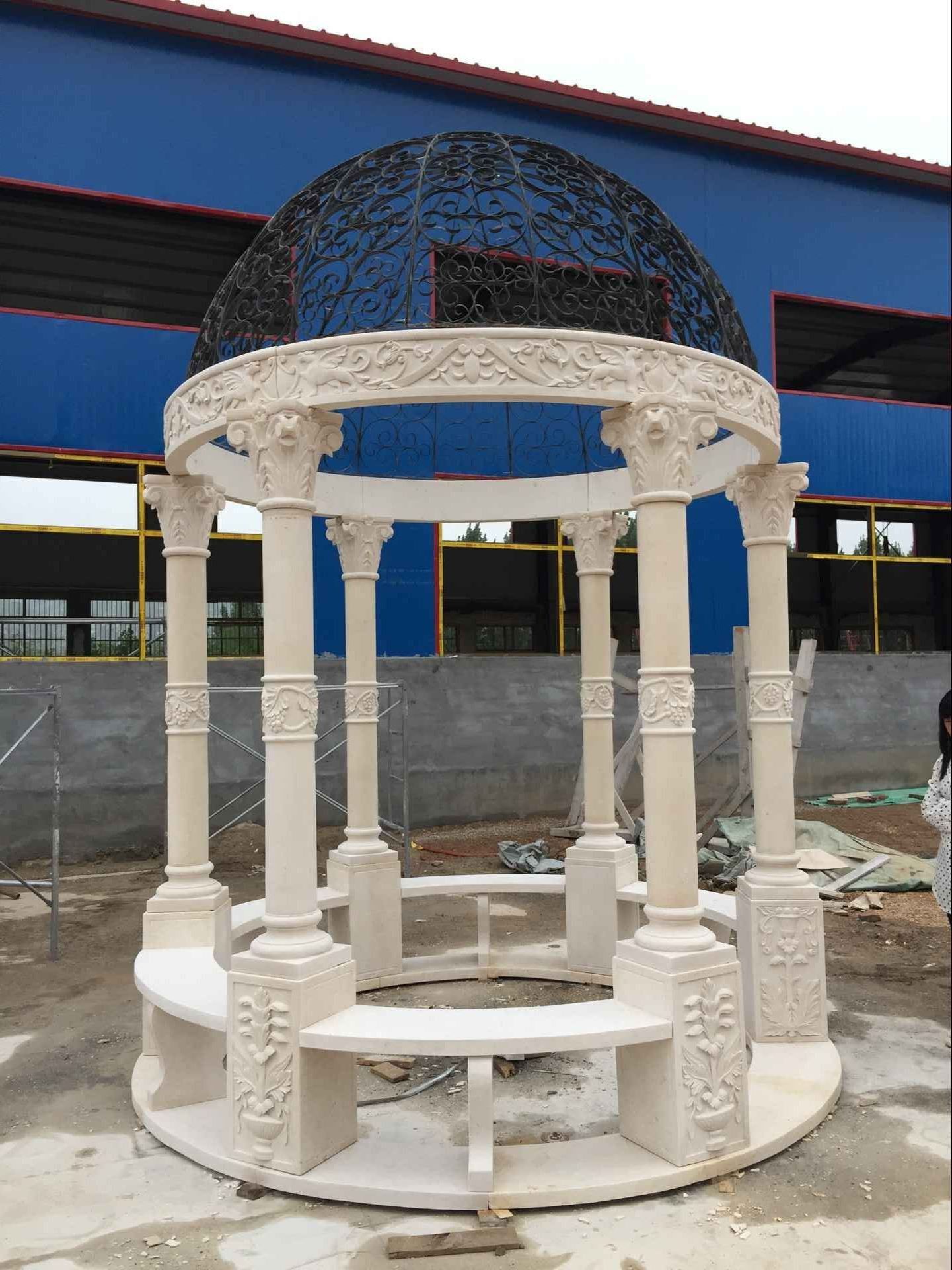 Outdoor Decorative White Marble Gazebo with 6 Columns and Wrought Iron Dome