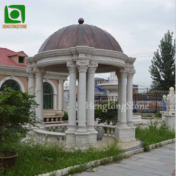 Outdoor Decorative White Marble Gazebo with 6 Columns and Wrought Iron Dome