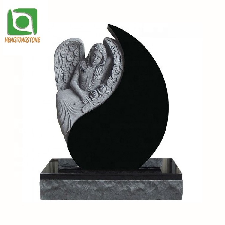 Cemetery Hand Carved Black Granite Sleeping Angel Heart Shape Tombstone