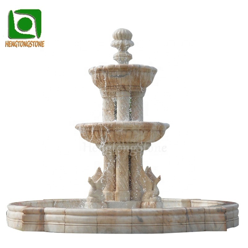 Outdoor Garden Decoration Natural Beige Marble Column and Goose Statue Carved Water Fountain