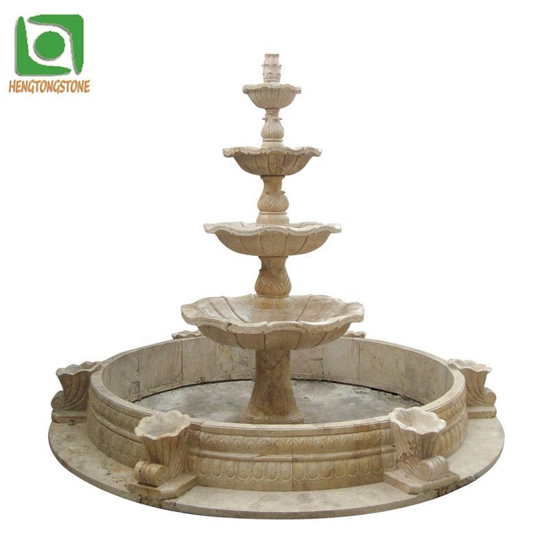 Outdoor Garden Decoration Natural Beige Marble Column and Goose Statue Carved Water Fountain