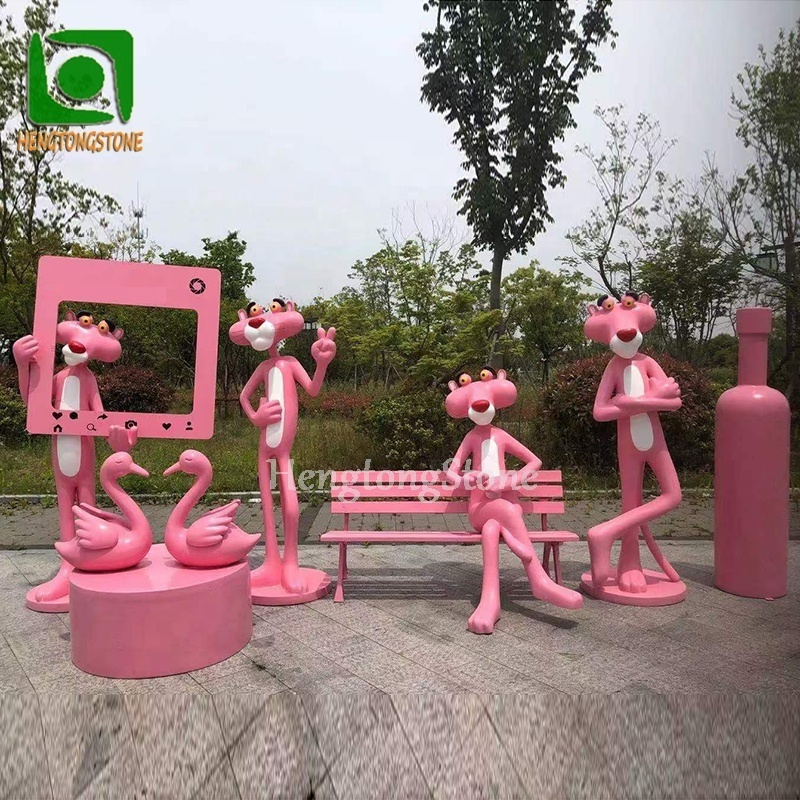 Decorative Fiberglass Cartoon Animal Statue Resin Pink Panther Set Sculpture