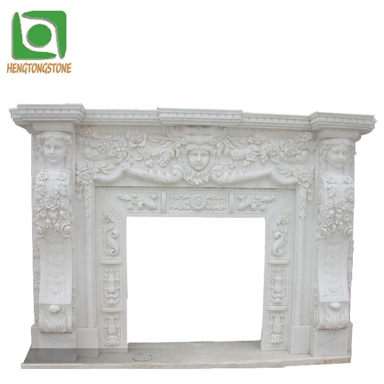 Home Decoration European Simple Flower Pattern Engraving White Marble Fireplace Surround