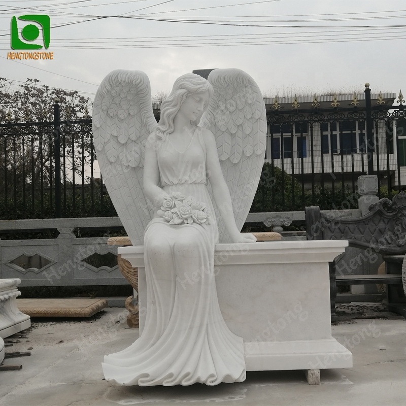 Cemetery Popular Memorial Hand Carved White Marble Angel Gravestone