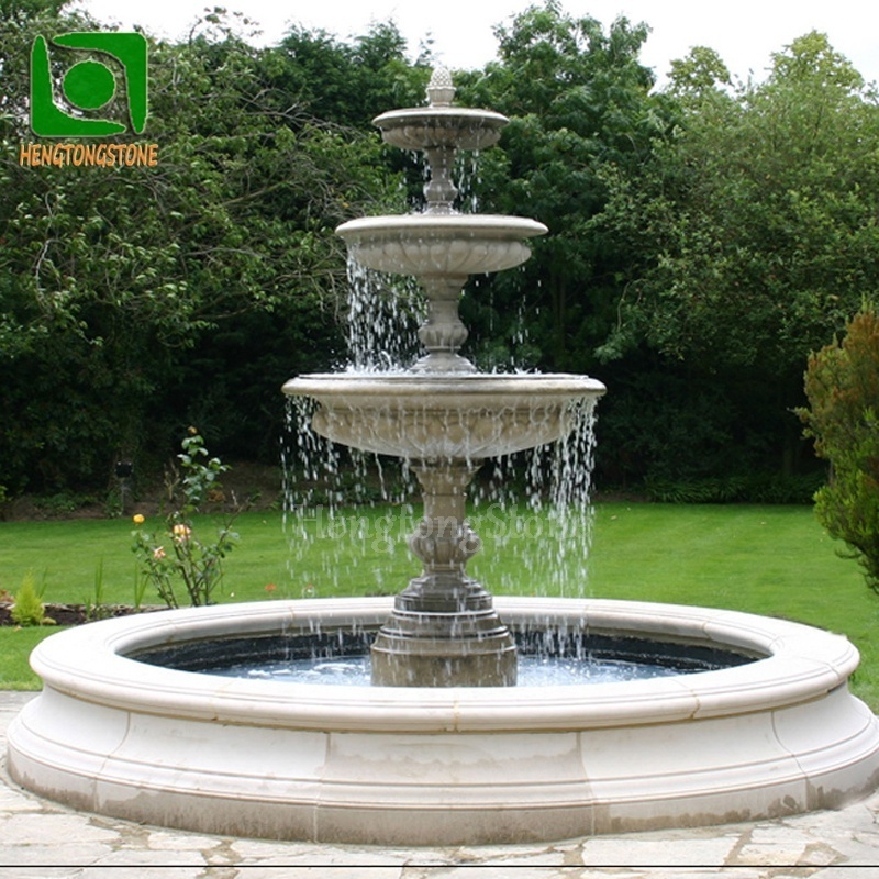 Outdoor Garden Decoration Natural Beige Marble Column and Goose Statue Carved Water Fountain