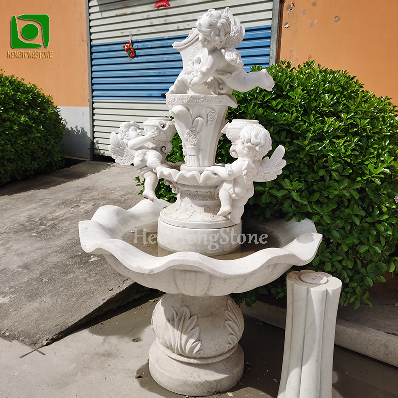 Outdoor Water Feature Decoration Hand Carved White Marble Little Angel Statue Water Fountain