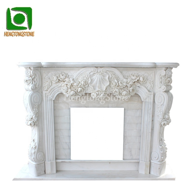 Home Decoration European Simple Flower Pattern Engraving White Marble Fireplace Surround