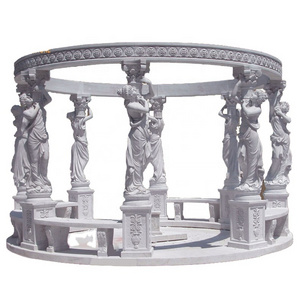 Western Style White Marble Figures Carved Pillar Gazebo