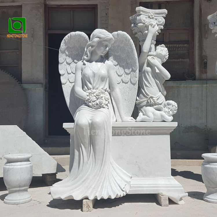 Cemetery Popular Memorial Hand Carved White Marble Angel Gravestone