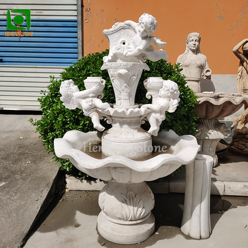 Outdoor Water Feature Decoration Hand Carved White Marble Little Angel Statue Water Fountain