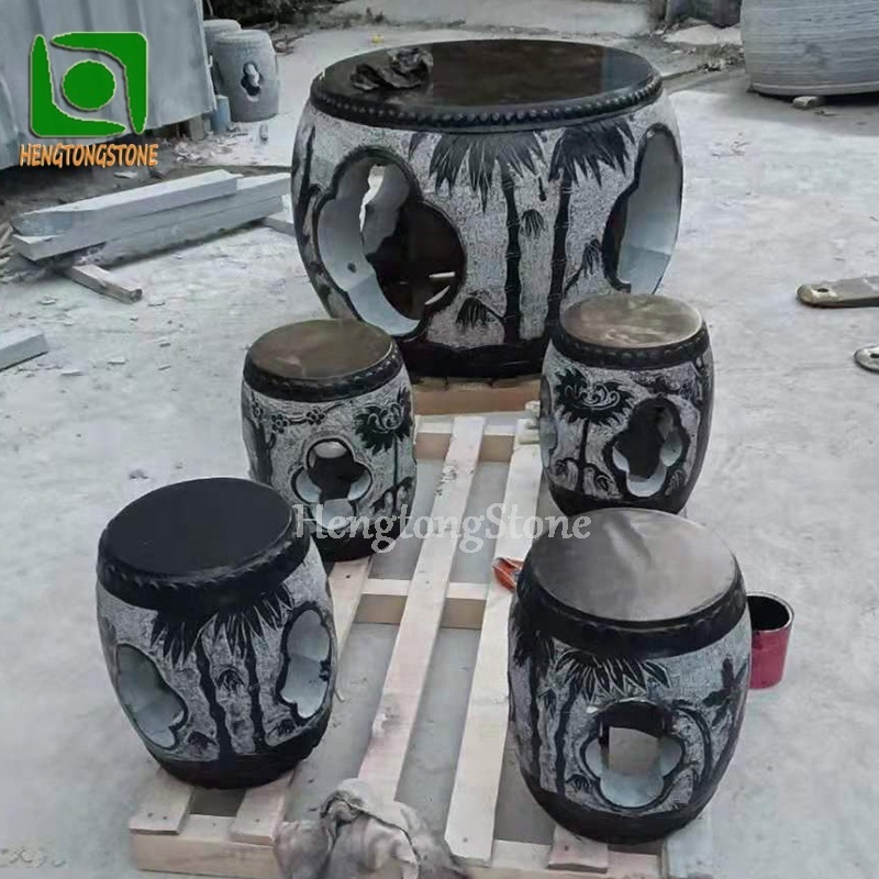 Black Marble Table and Chairs Sculpture Chinese Style Marble Bench