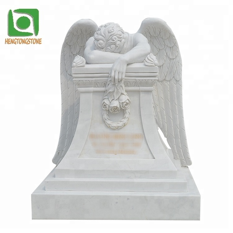 Popular European Cemetery Hand Carved White Marble Weeping Angel Headstone