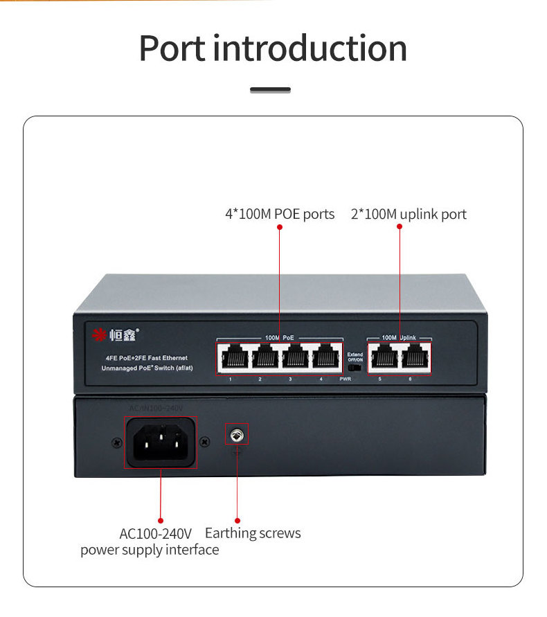 poe ethernet switch 4 Port 10/100Mbps 2 Uplink Port poe switch 250 meter Extended Mode