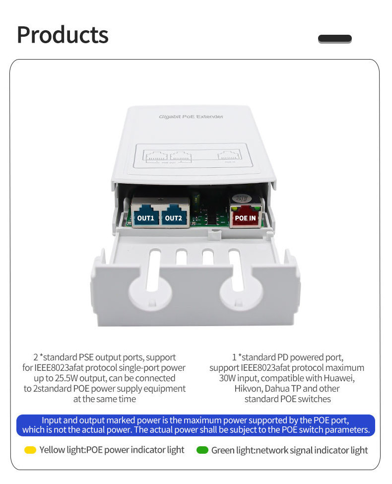 Standard POE Extender Waterproof 1 in 2 out POE switch 10/100/1000M for IP CAMERA REVERSE POE outdoor and indoor