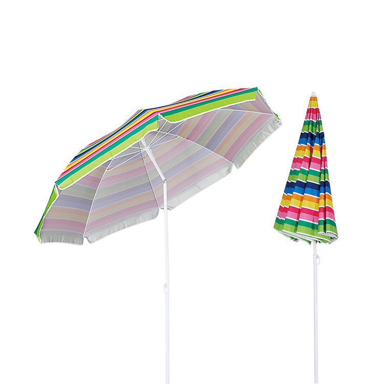 China Beach Umbrella with 120g Polyester Colorful Stripe Fabric and UV Coating and Tilt for Holidays