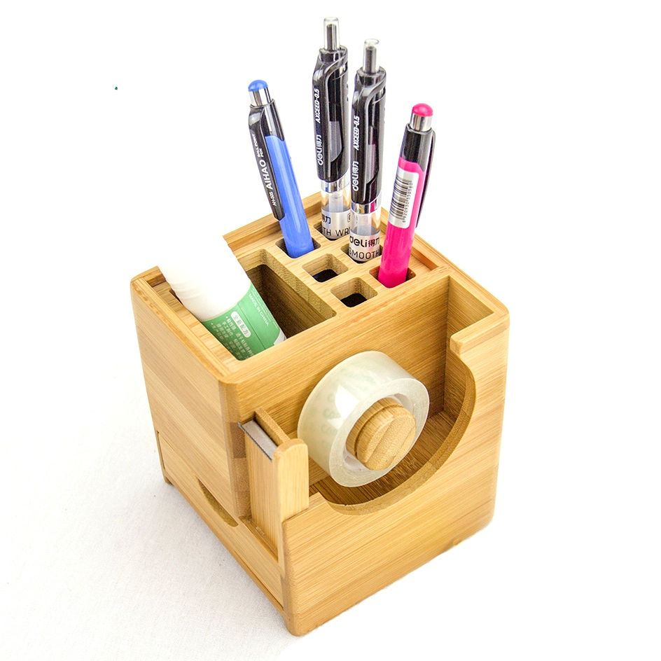 Bamboo Desk Square Pen Pencil Holder Stand Office Organizer Desk Top Organizer with Adhesive Tape Dispenser